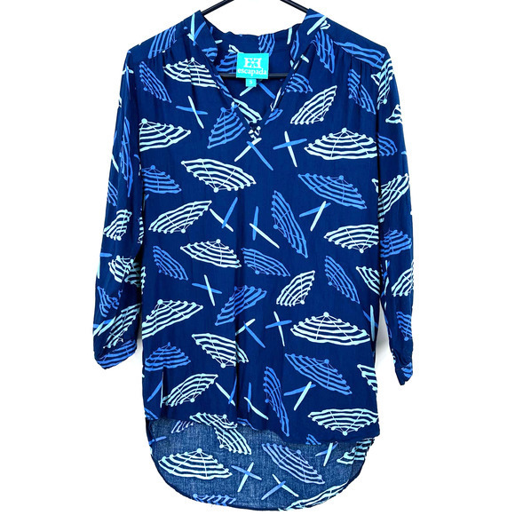 Escapada size Small 3/4 length sleeves v neck‎ navy blue with umbrella print - Picture 1 of 6